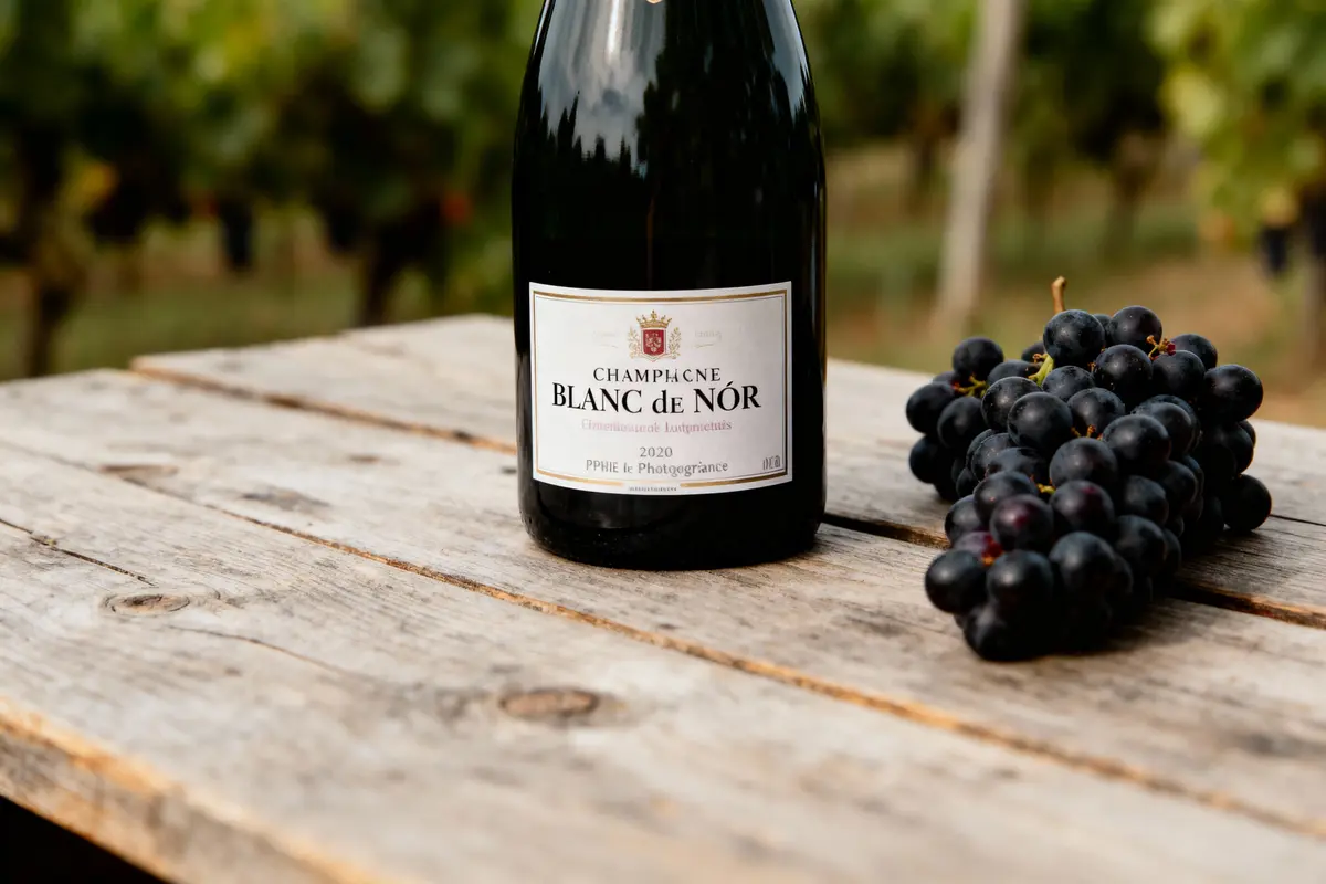 Bouteille de champagne Blanc de Noir et raisins noirs sur table en bois, vignoble en arrière-plan flou.