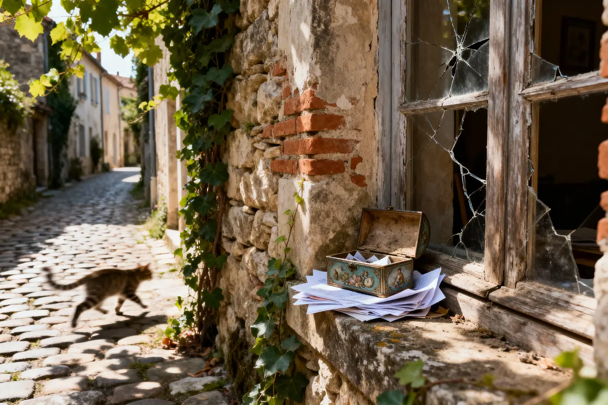 Vieille maison en pierre avec fenêtre cassée, boîte ouverte, papiers, lierre, et chat passant dans la rue pavée.