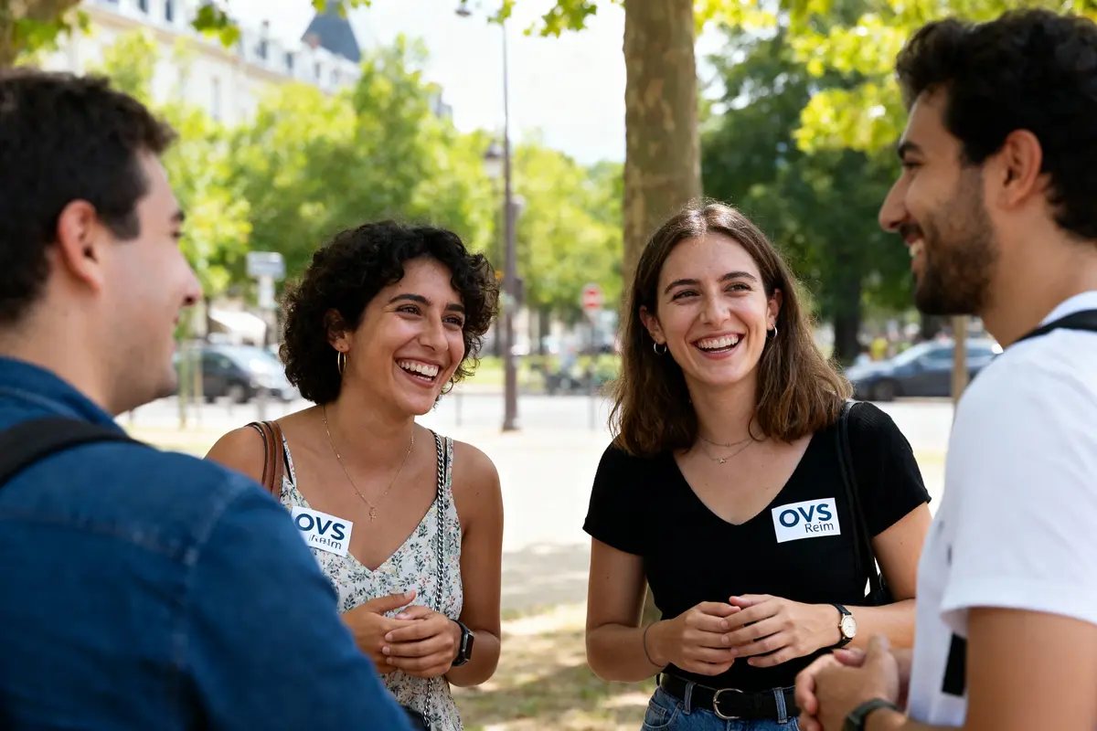 Quatre personnes souriantes discutent en extérieur, avec badges "OVS". Arrière-plan arboré et urbain. Journée ensoleillée.