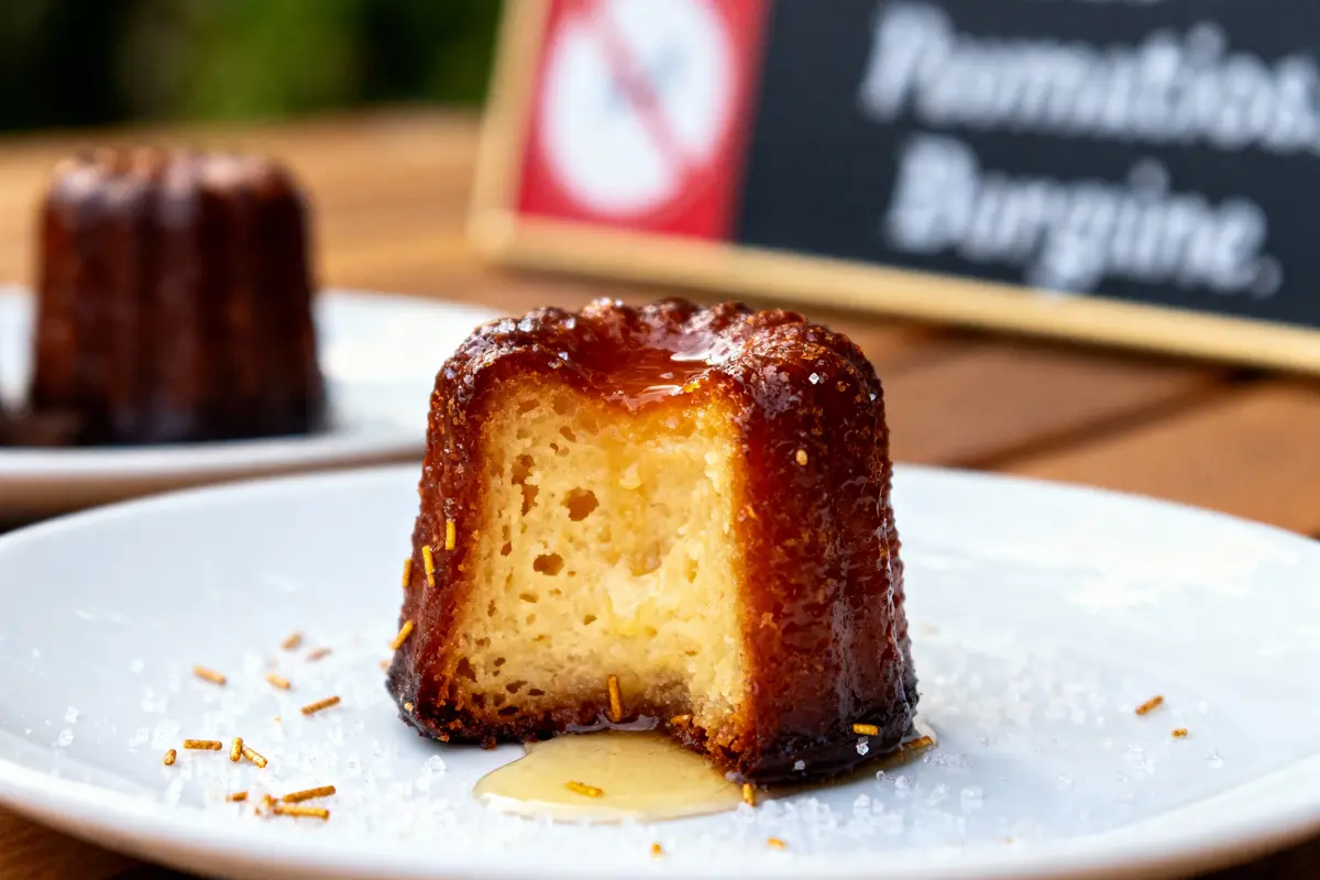 Un cannelé coupé, disposé sur assiette, caramel et sucre visibles, fond flou d’une table en bois.