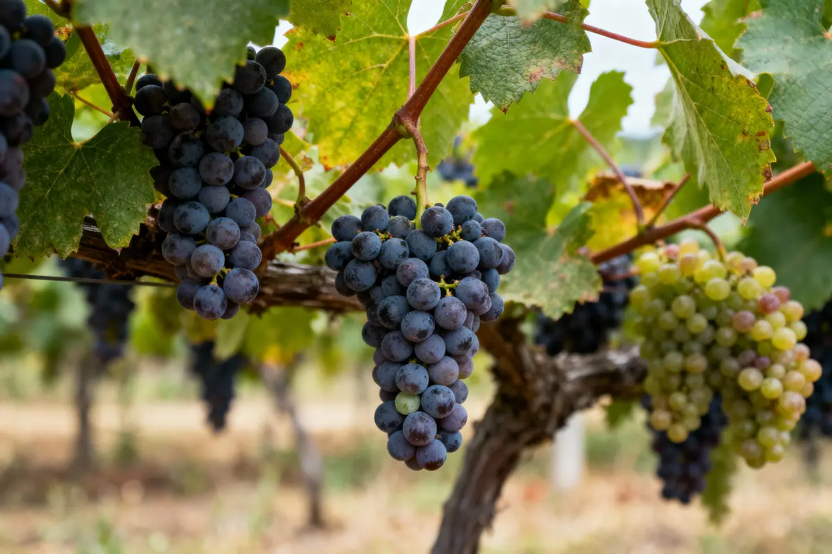 Grappe de raisin violet suspendue à la vigne, entourée de feuilles vertes dans un vignoble.