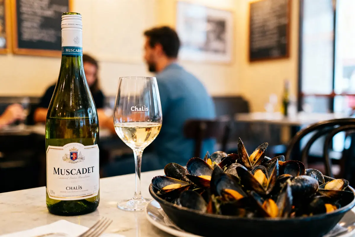 Bouteille de Muscadet avec verre de vin et plat de moules dans un restaurant.