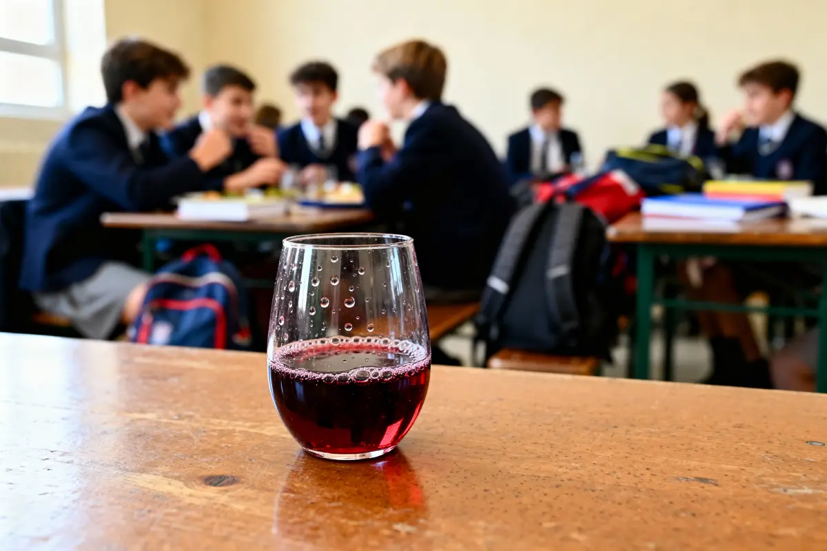 Verre de boisson rouge pétillante sur table devant élèves en uniforme bavardant en arrière-plan.