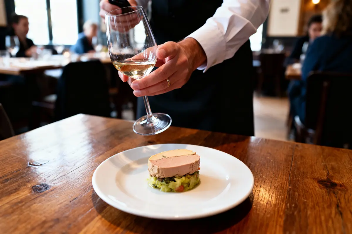 Serveur tenant verre de vin blanc près d'assiette de pâté sur table en bois dans un restaurant.