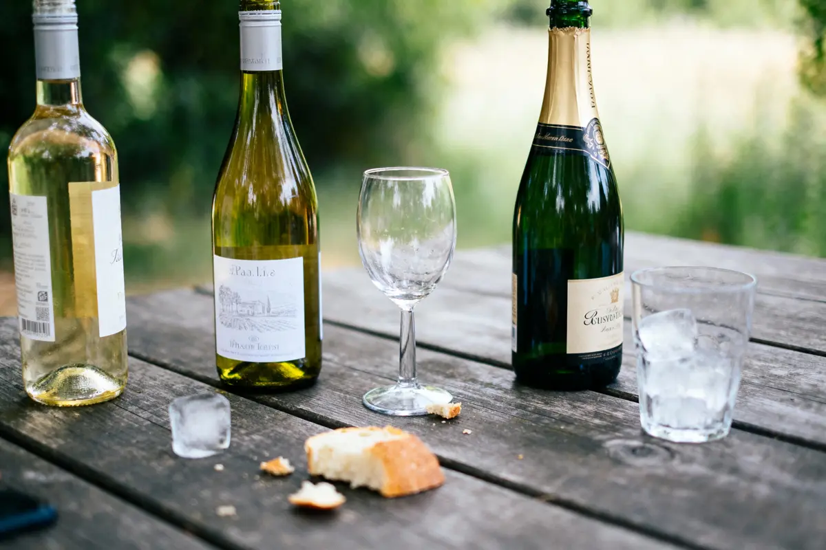 Trois bouteilles, un verre à pied, pain et glaçons sur une table en bois à l'extérieur.