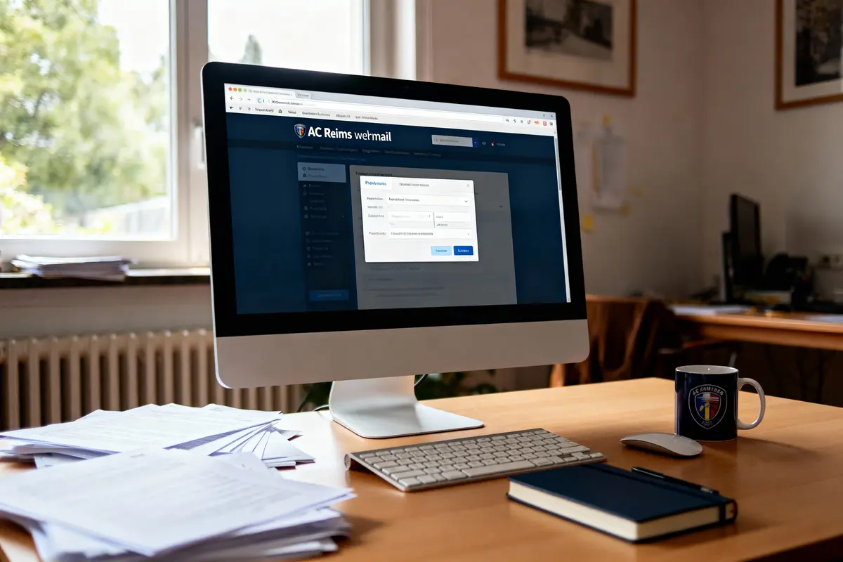 Ordinateur affichant webmail AC Reims, bureau avec papiers, carnet, clavier, et tasse. Lumière naturelle en arrière-plan.