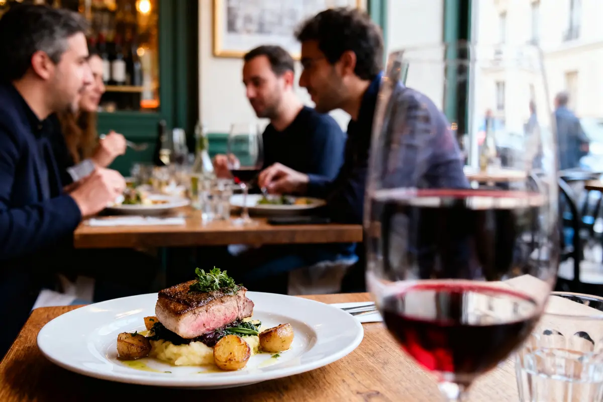Assiette de steak avec pommes de terre et verre de vin, personnes dînant en arrière-plan.
