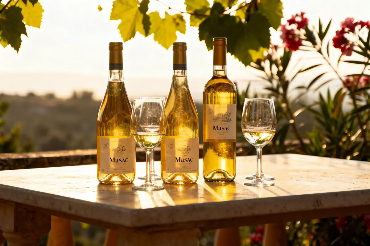 Trois bouteilles de vin blanc sur table ensoleillée avec deux verres, feuillage et fleurs en arrière-plan.