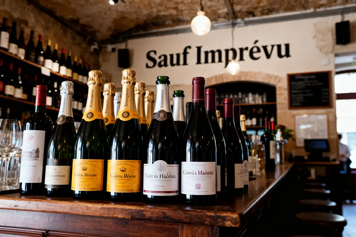 Bouteilles de vin et champagne sur comptoir de bar, devant le mur "Sauf Imprévu". Ambiance chaleureuse.