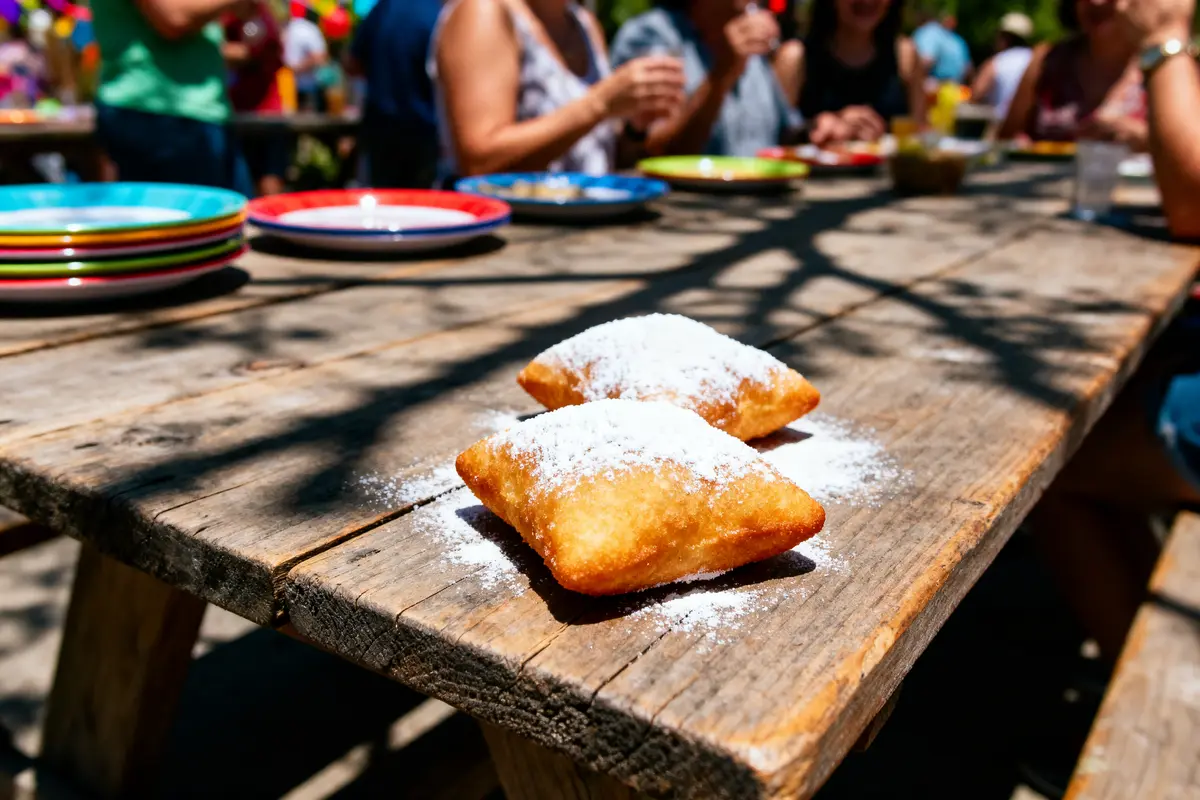 Deux beignets saupoudrés de sucre glace sur une table en bois lors d'un rassemblement en extérieur.