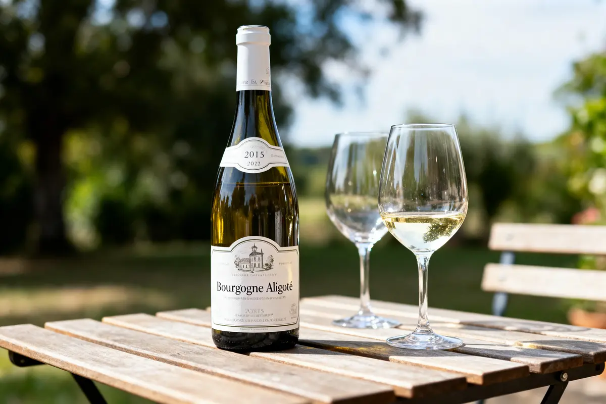 Bouteille de Bourgogne Aligoté 2015 avec deux verres à vin blanc sur table extérieure en bois.