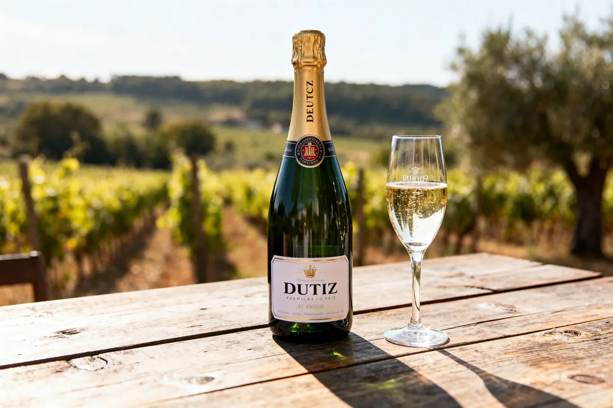 Bouteille de champagne et verre sur table, vignoble en arrière-plan ensoleillé.