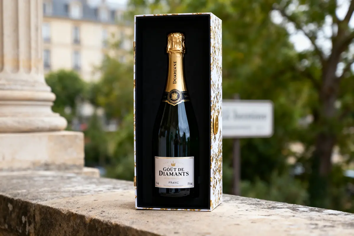 Bouteille de champagne "Goût de Diamants" dans un coffret luxueux sur un mur en extérieur.