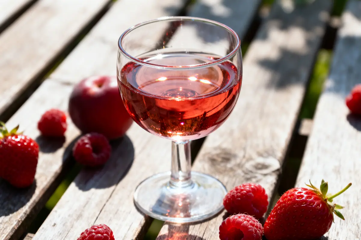 Verre de vin rosé sur table, fraises, framboises et pomme en arrière-plan.