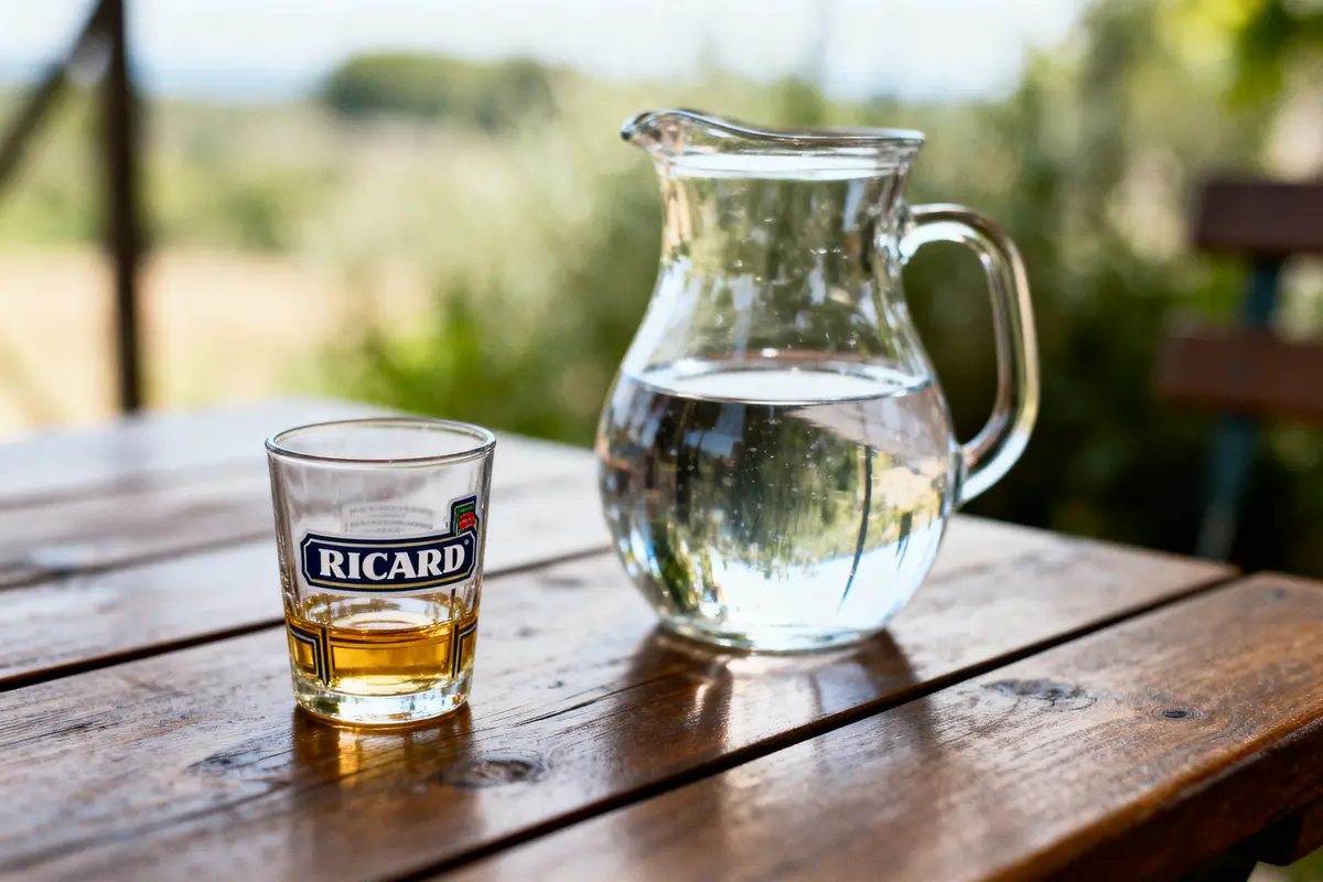 Verre de Ricard et carafe d'eau sur table en bois à l'extérieur.