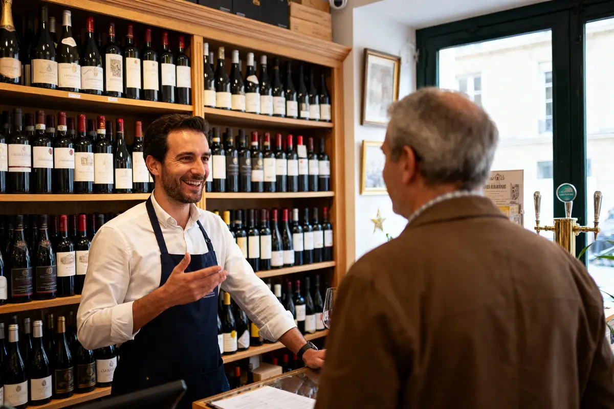 Homme servant un client dans une boutique de vins, étagères remplies de bouteilles en arrière-plan.