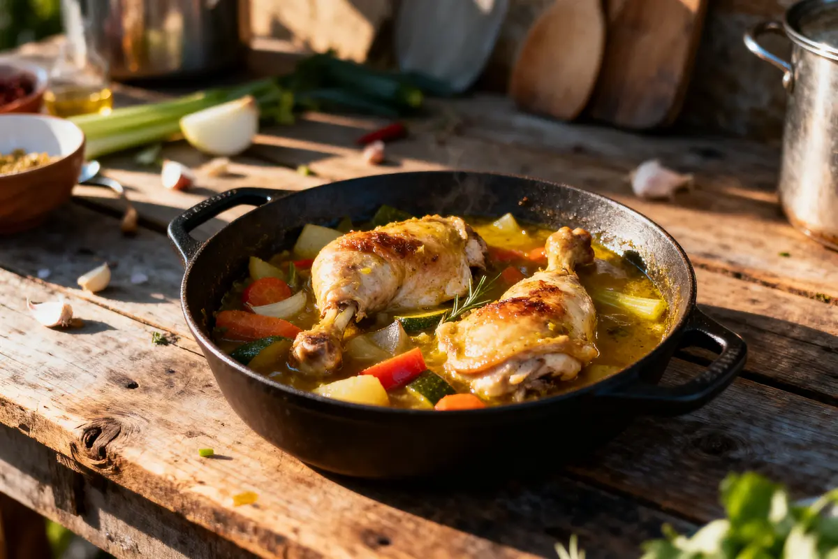 Plat de poulet rôti aux légumes dans une poêle en fonte sur une table en bois.