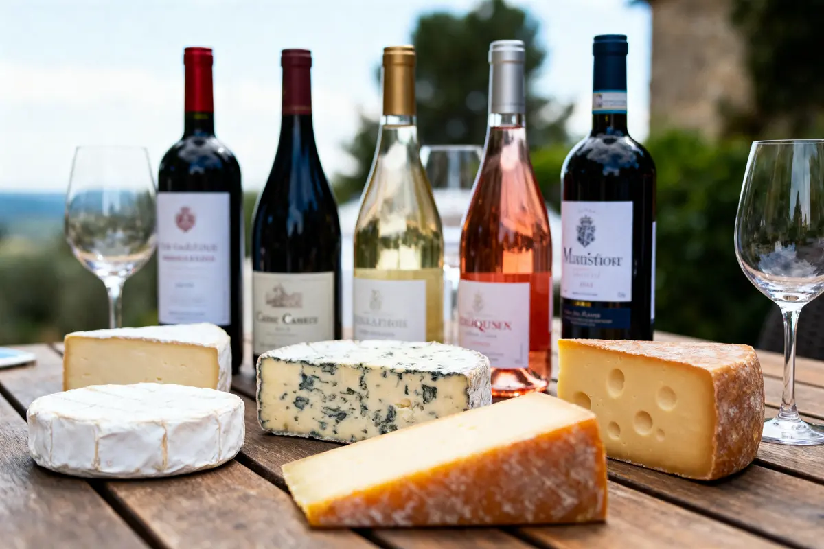 Assortiment de fromages et bouteilles de vin sur une table en bois, accompagnés de verres à vin.