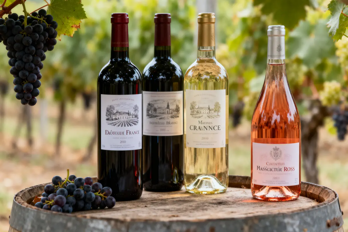 Quatre bouteilles de vin sur tonneau, vigne en arrière-plan et grappe de raisin à gauche.