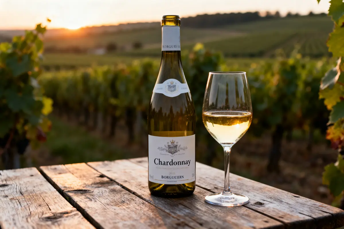 Bouteille de Chardonnay et verre de vin blanc sur table en bois, vignoble au coucher du soleil.