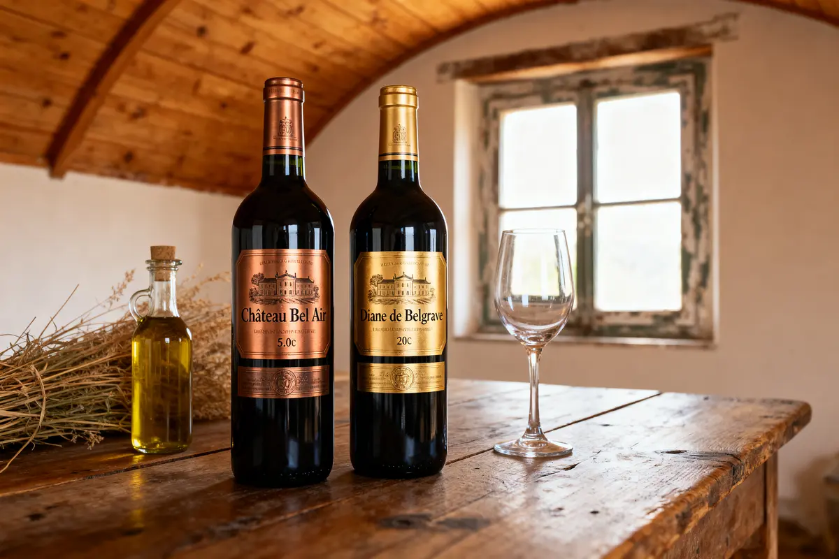 Deux bouteilles de vin sur table en bois, avec verre à vin et flacon d'huile. Fond rustique.