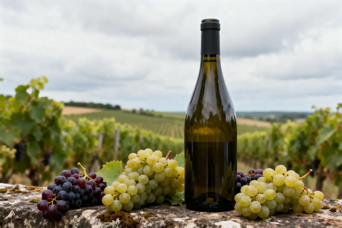 Bouteille de vin avec raisins, vignoble en arrière-plan sous un ciel nuageux.