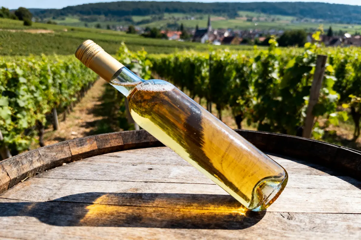 Bouteille de vin blanc sur tonneau en bois, vignoble en arrière-plan sous ciel ensoleillé.