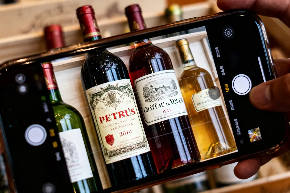 Personne prenant photo de trois bouteilles de vin prestigieuses avec un smartphone.