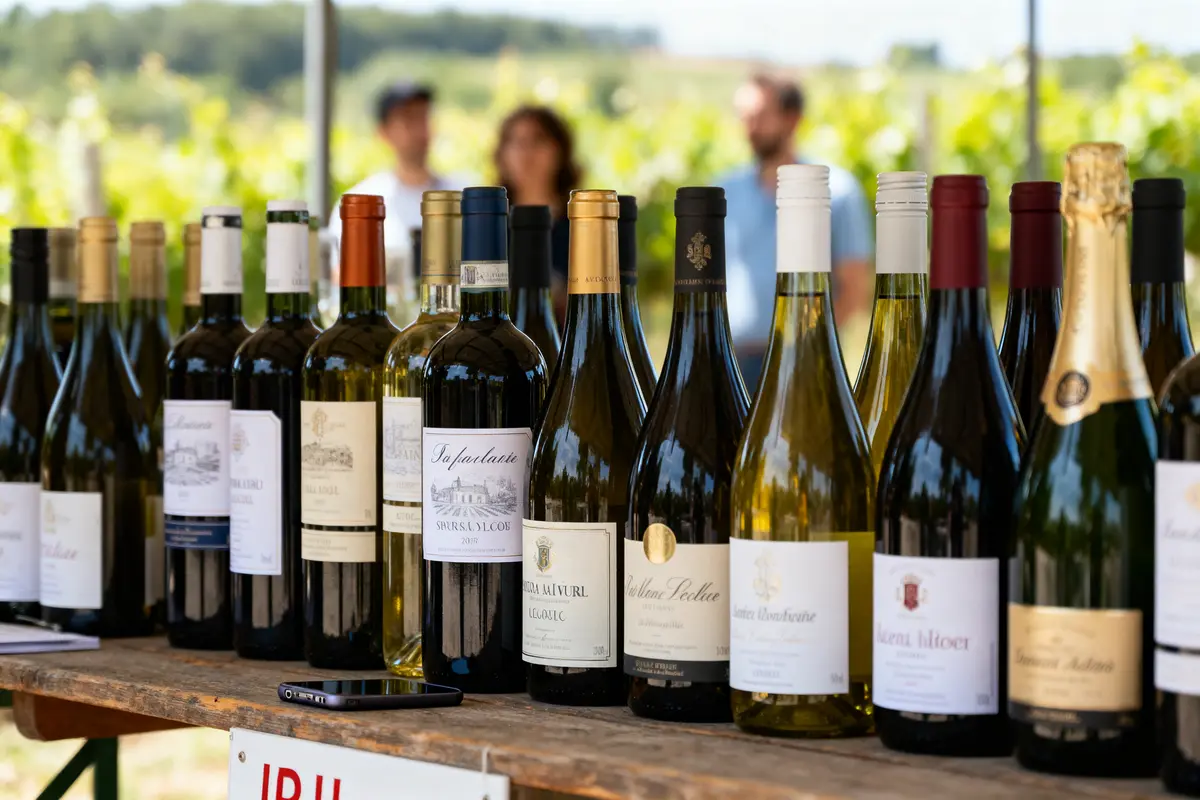 Alignement de bouteilles de vin sur une table en bois, avec vignes en arrière-plan flou.