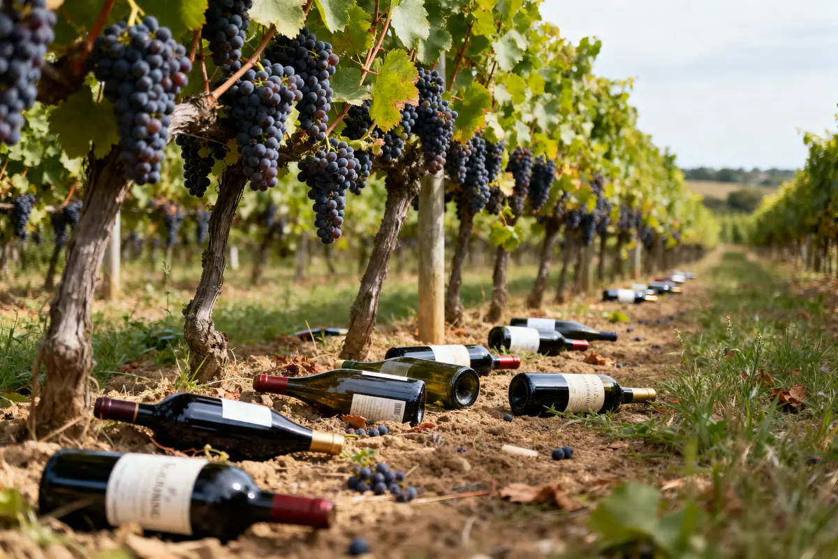 Bouteilles de vin Bordeaux dans vignoble illustrent la baisse des prix des vins de Bordeaux
