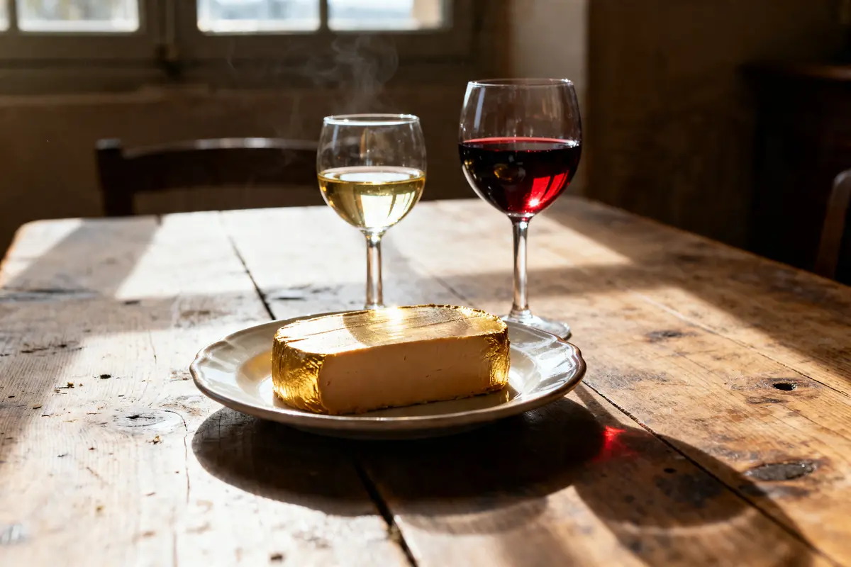 Foie gras sur table rustique avec vin blanc et rouge pour quel vin avec le foie gras