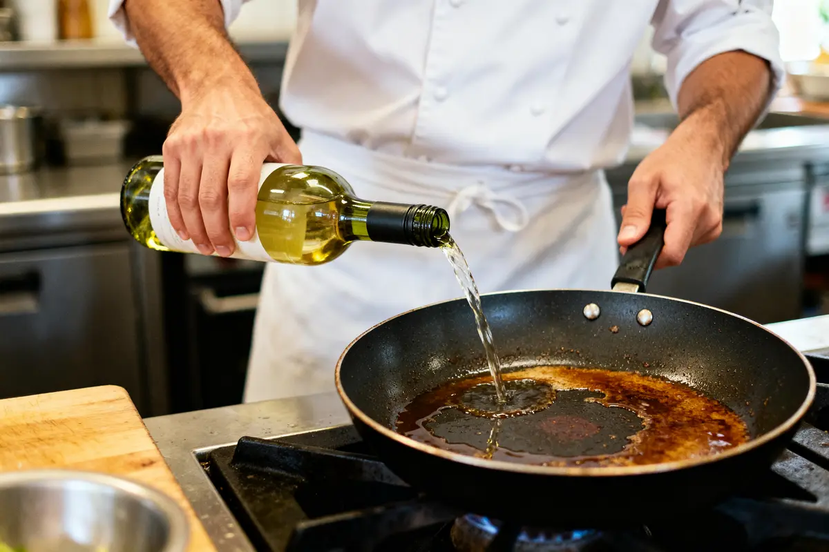 Chef déglacer au vin blanc une poêle chaude sur gazinière en cuisine professionnelle