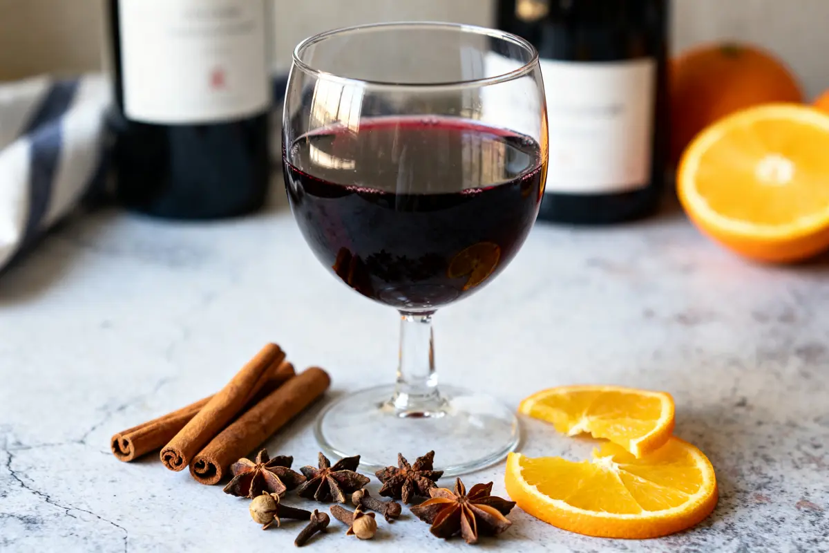 Verre de vin rouge avec épices et orange pour recette de vin chaud maison