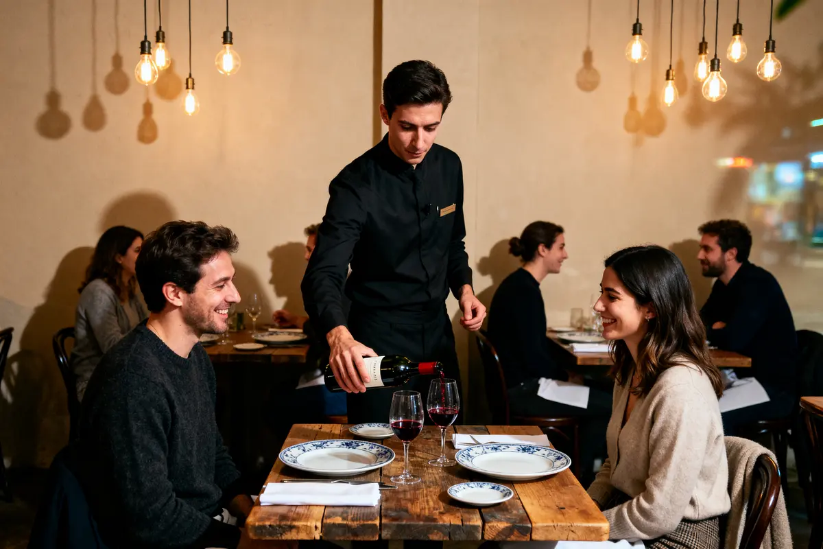 Un sommelier sert du vin à un couple, illustrant le salaire d'un sommelier.