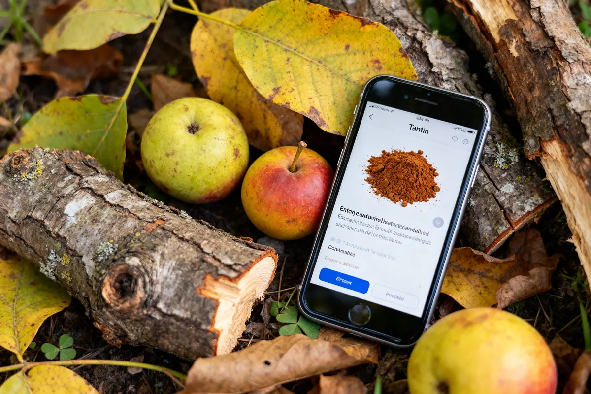 Téléphone affichant information tanin posé sur feuilles et pommes près d'un tronc bois