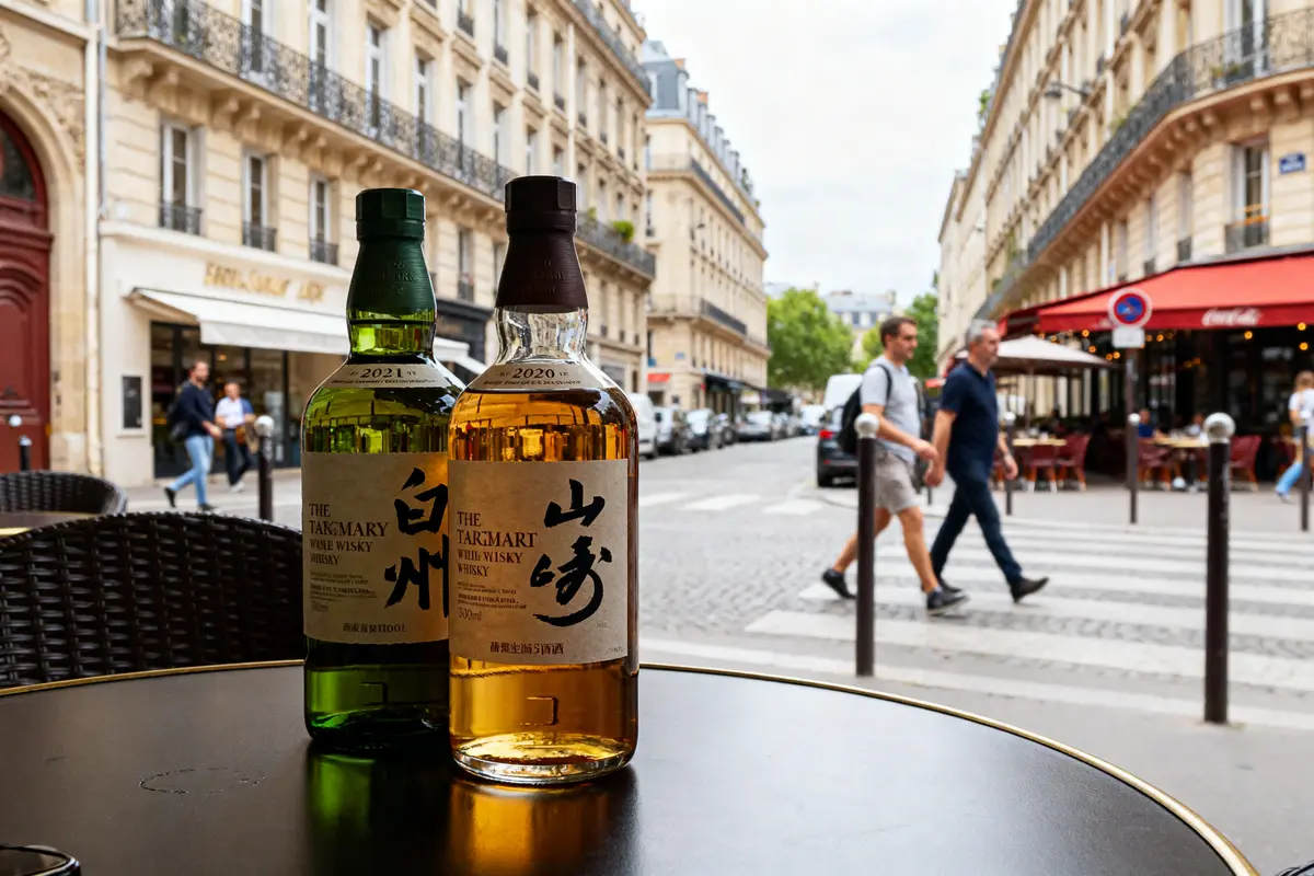 Bouteilles de whiskies japonais sur table de café parisien avec passants urbains